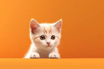 Cute kitten sitting on the orange banner background. 3D illustration. space for text 