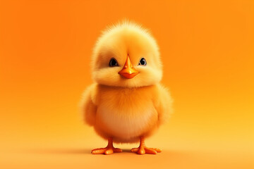 Cute little chick character isolated on orange background. 3d rendering. 