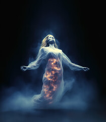 Female ghost rising up on dark background, Generative AI Illustration