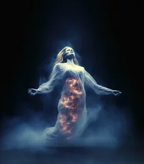 Deurstickers Mistige ochtendstond Female ghost rising up on dark background, Generative AI Illustration