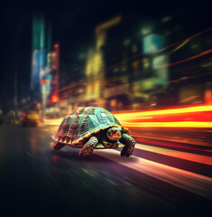Turtle running extremely fast on busy city street, Generative AI Illustration - obrazy, fototapety, plakaty