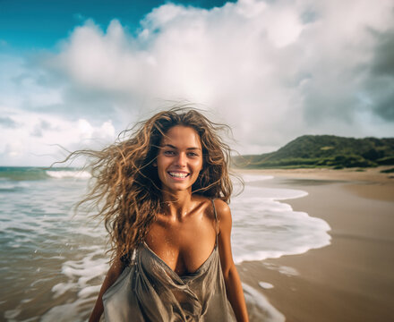 Beautiful girl with big smile walking on beach Generative AI Illustration