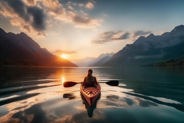 Tranquil sunset over mountains and lake, reflecting beauty of nature and transportation, young woman kayaking in crystal lake illustration for printing, wallpaper design and wall ar