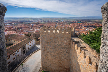 Fototapeta na wymiar Aerial view of Avila and Medieval Walls Tower - Avila, Spain