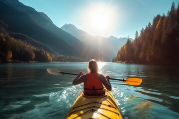 Tranquil sunset over mountains and lake, reflecting beauty of nature and transportation, young woman kayaking in crystal lake illustration for printing, wallpaper design and wall ar - 621291013