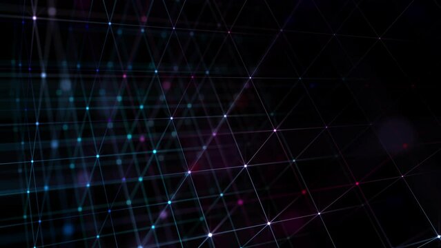 A glowing neon colored cubic grid of digital data nodes and flashing information streams. Full HD and looping computer network data connections technology background.