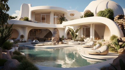 Obraz na płótnie Canvas a Professional Shot of a Luxury and Modern Mansion in Greece near the Sea. Generative AI.