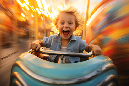 A happy excited young child riding on an exciting theme park fairground ride