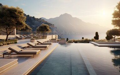 Fototapeta premium a Professional Shot of a Luxury and Modern Mansion in Greece near the Sea. Generative AI.