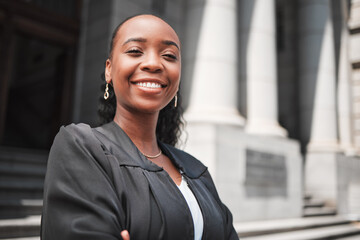 Happy, black woman or portrait lawyer with confidence, empowerment or justice outside court. Face,...