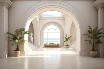 Tuinposter Interior Design of a Huge Mansion with the Style of a Monaster, Some Vegetation and Plants. Generative AI. © Boss