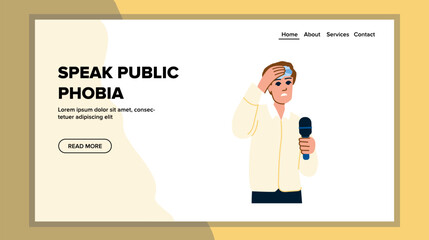anxiety speak public phobia vector. er microphone, speech ing, stage shy anxiety speak public phobia web flat cartoon illustration