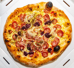 Traditional rustic pizza with pepperoni, black olives, onion and basil