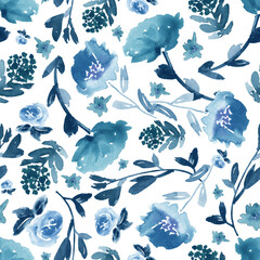 Watercolor floral in teal and blue. Seamless pattern.  - 621292815