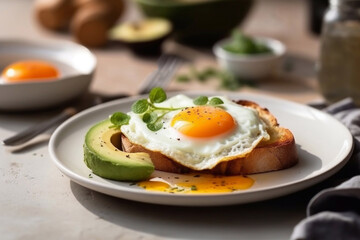 Fried egg and avocado toast. Healthy breakfast. Restaurant serving. Generative AI.
