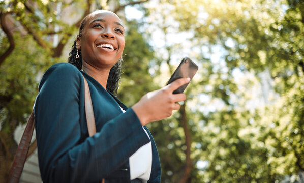 Outdoor, Black Woman And Smartphone With Connection, Typing And Happiness With Social Media, Nature And Travel. Thinking, Female Person Or Girl With A Cellphone, Mobile App Or Smile With Website Info