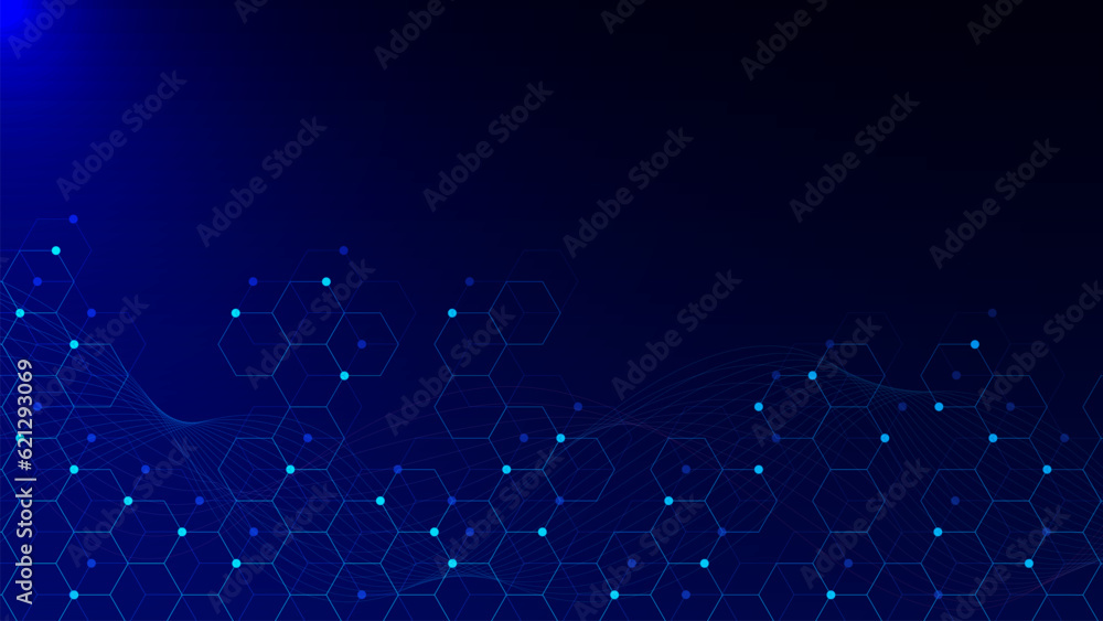 Poster abstract geometric with hexagonal shapes and glowing particle. big data visualization. social networ
