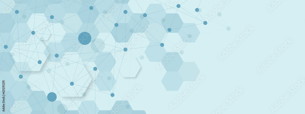 Poster abstract hexagonal shapes with shadow, connecting dots and lines for medical science background desi