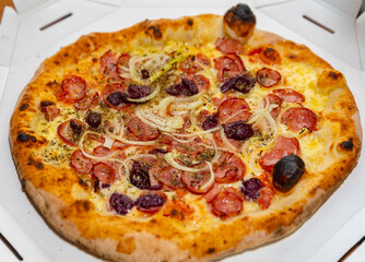 Traditional rustic pizza with pepperoni, black olives, onion and basil