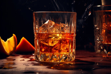 glass of rum or whiskey over table with lemons