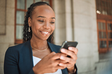 Phone, gps and a business black woman in the city, searching for directions or typing a message....