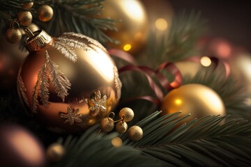 Christmas balls hang on a x-mass tree, light orange and dark gold, blurred background. Christmass or New Year concept. Creative background of postcard. Generative AI illustration