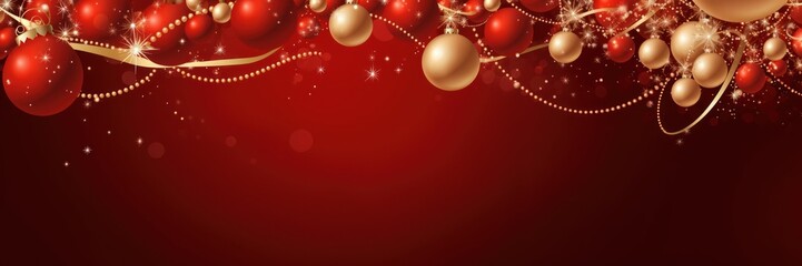 Christmas composition balls and ribbons. X-mass red decorations on a red background. Top view, banner, space for text. Generative AI illustration