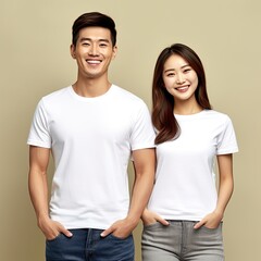 Obraz premium Illustration of a fashion portrait with plain t-shirt mockup, AI Generated