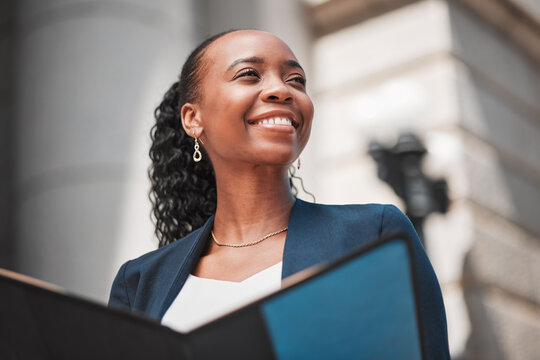 Book, happy woman or lawyer thinking with smile, education or constitution research by law firm or court Smile, empowerment or proud African attorney with knowledge, ideas or vision for legal agency