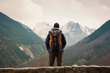Thrilling hiking adventure. Active hiker with backpack exploring majestic mountains. Traveler challenge of mountain