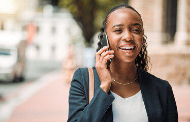 Phone call, city and business woman for communication, networking and career opportunity with outdoor travel. Sidewalk, urban and happy professional african person talking and chat on mobile voip