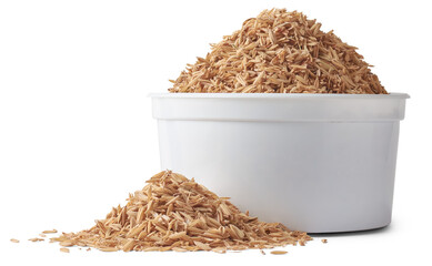 cup of paddy husk or rice husk, aka yellow rice chaff, rice husk or rice hull, outermost layer of...