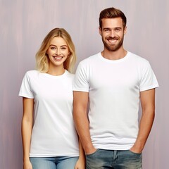 Fototapeta premium Illustration of a fashion portrait with plain t-shirt mockup, AI Generated