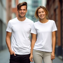 Fototapeta premium Illustration of a fashion portrait with plain t-shirt mockup, AI Generated