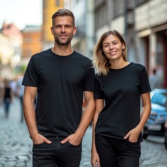 Fototapeta premium Illustration of a fashion portrait with plain t-shirt mockup, AI Generated