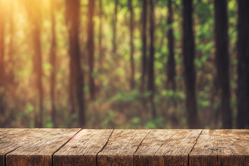 The empty rustic wooden plank table top with blur background of jungle 