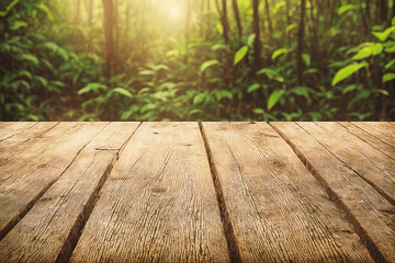 The empty rustic wooden plank table top with blur background of jungle
