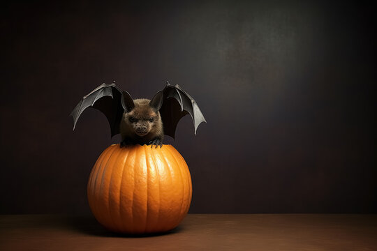 Vampire bat with wings spread sits on a pumpkin with a carved mask of Jack head for Halloween on brown background with place for text. Generative AI