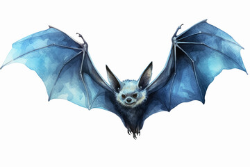 Fototapeta premium Watercolor illustration of cute black bat character, flying with wings spread, in flat contemporary style isolated on white background. Generative AI