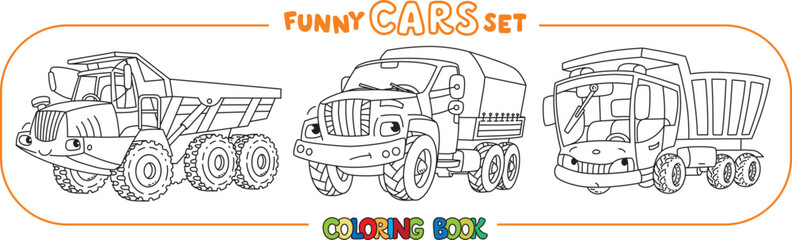 Funny heavy truck cars with eyes Coloring book set