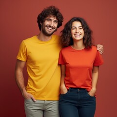 Fototapeta premium Illustration of a fashion portrait with plain t-shirt mockup, AI Generated