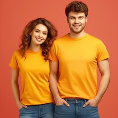 Fototapeta premium Illustration of a fashion portrait with plain t-shirt mockup, AI Generated