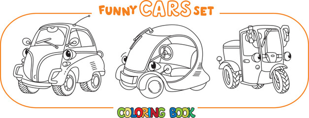 Funny small retro cars with eyes coloring book set
