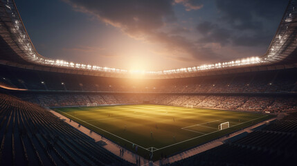 3D render of a soccer stadium at evening with lights and flares 