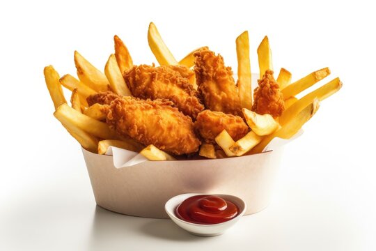 Potato fries with crispy chicken tenders and ketchup served on a box