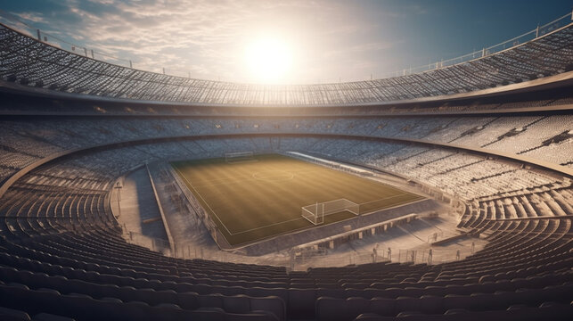3D render of a soccer stadium at evening with lights and flares 