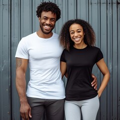 Fototapeta premium Illustration of a fashion portrait with plain t-shirt mockup, AI Generated