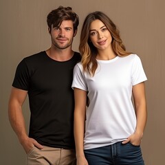 Fototapeta premium Illustration of a fashion portrait with plain t-shirt mockup, AI Generated