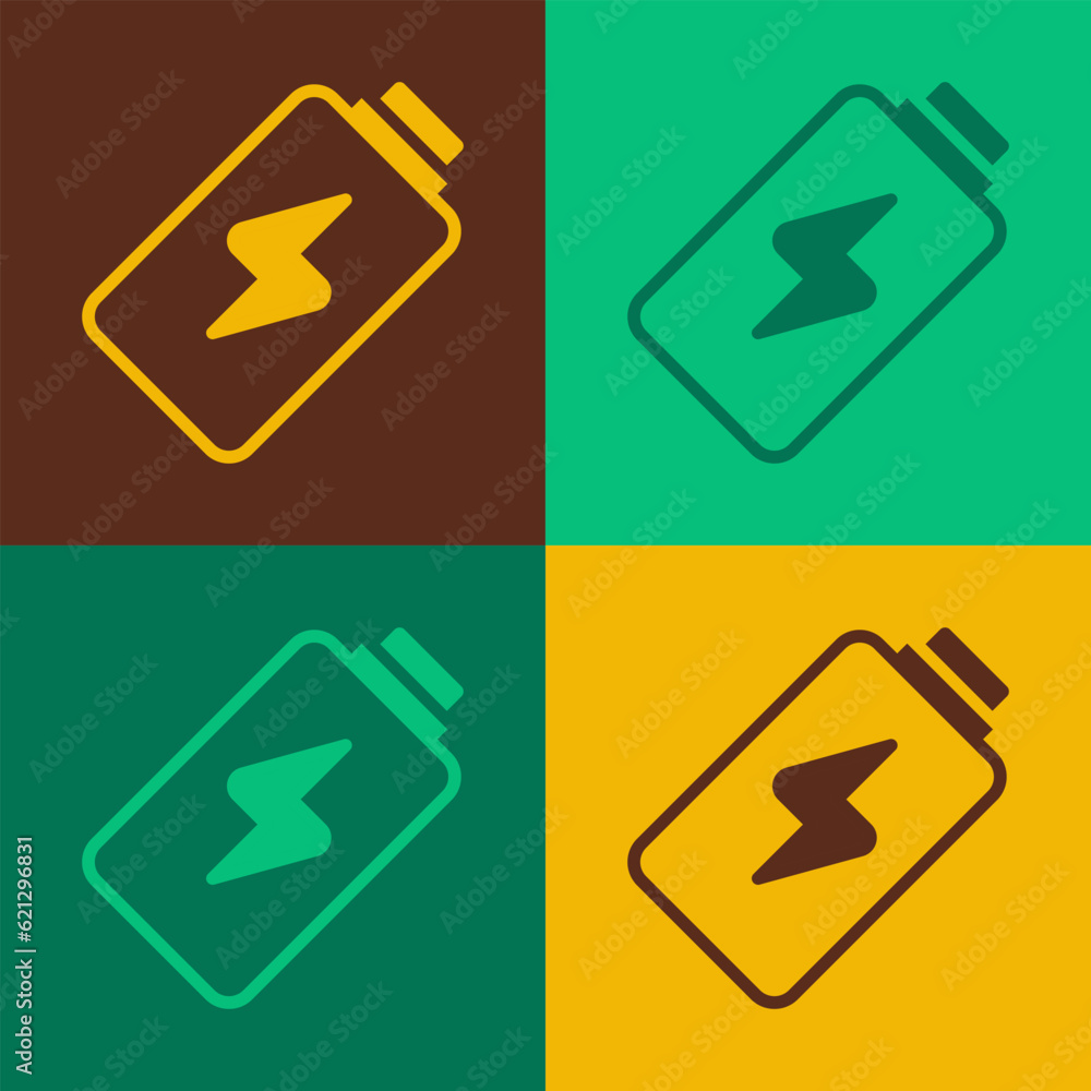 Poster pop art battery charge level indicator icon isolated on color background. vector