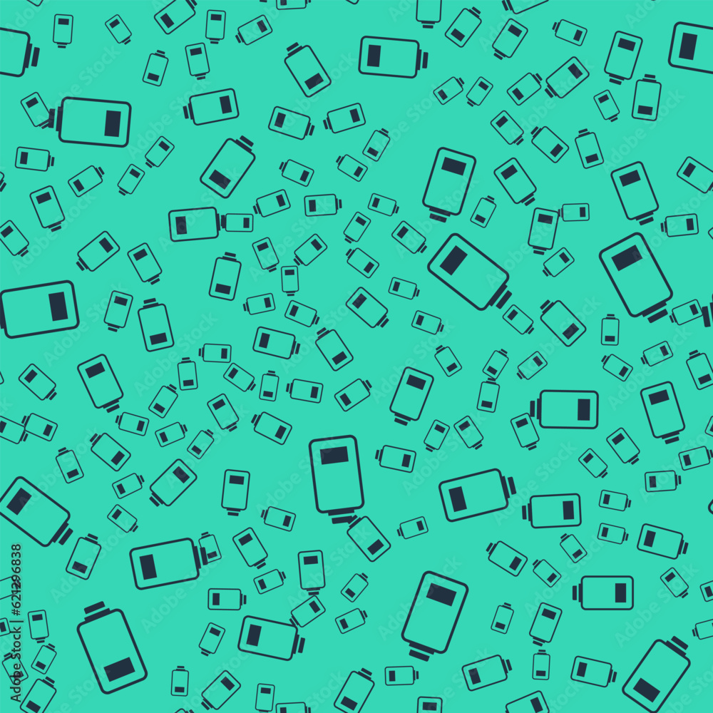Poster black battery charge level indicator icon isolated seamless pattern on green background. vector